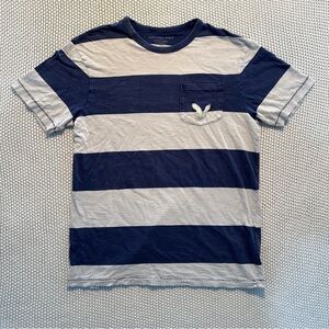Y2K Single Stitch American Eagle Outfitters Navy Blue and White Striped Tee